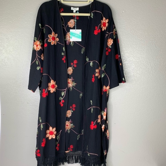 Umgee Black Gorgeous Embroidered Floral Fringed Cardigan Fringe is 2022 Trend - Picture 11 of 16